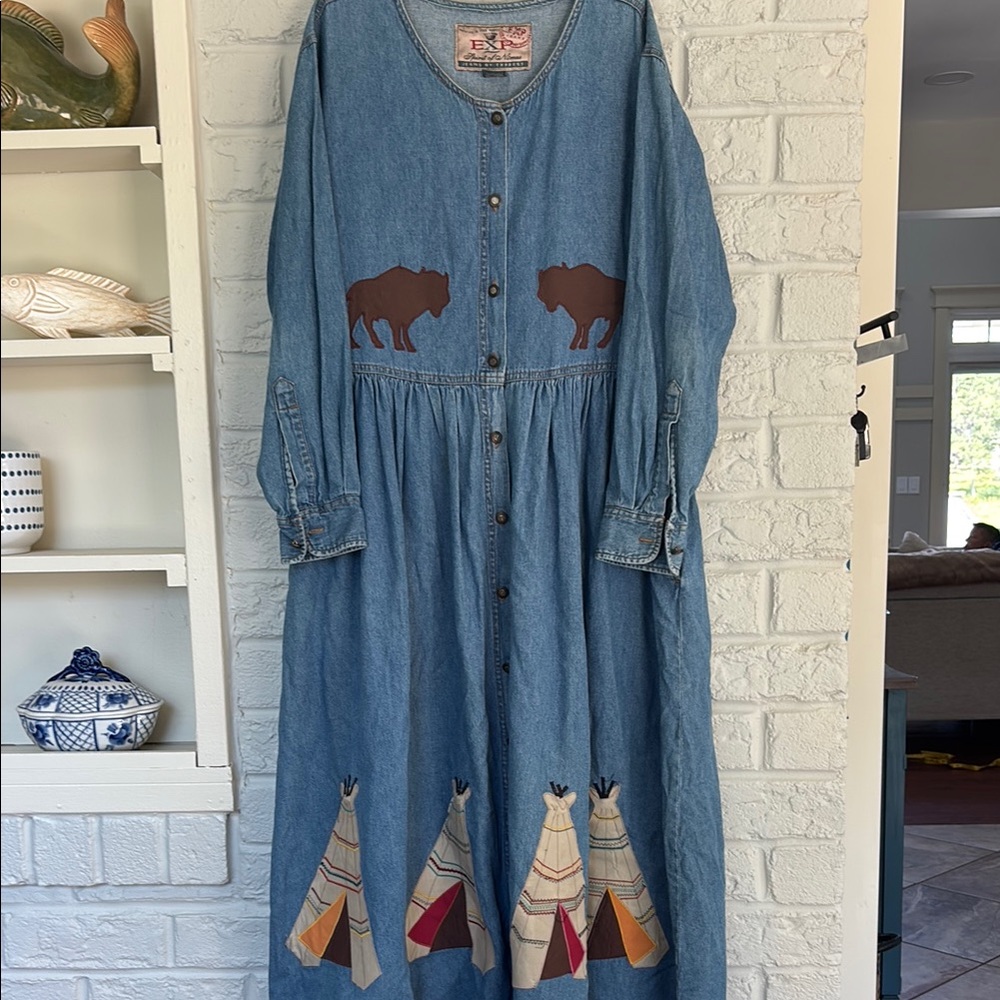 EXP Vintage  Denim Dress with Brown Buffalo and Teepee Design Size small